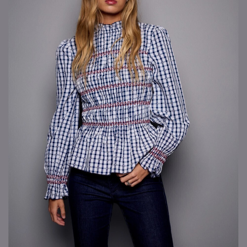 Navy Plaid Smocked Ruffle Stand Collar Long Sleeve Blouse